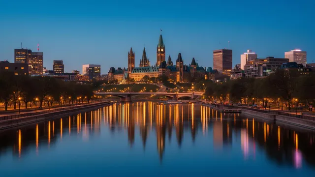 The Ottawa skyline along the Rideau Canal at twilight