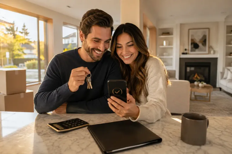Ottawa homebuyers reviewing a cash-back confirmation in their new home