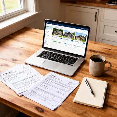 Laptop with real estate listings and mortgage paperwork on a kitchen table