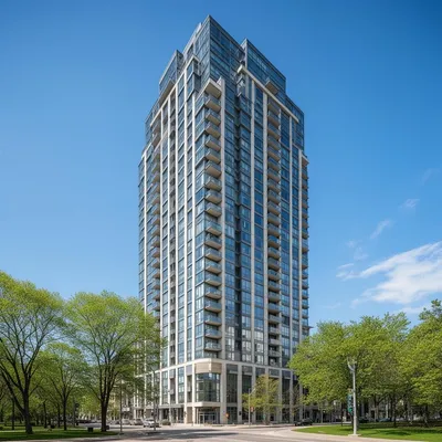 Modern Ottawa downtown condo tower against blue sky