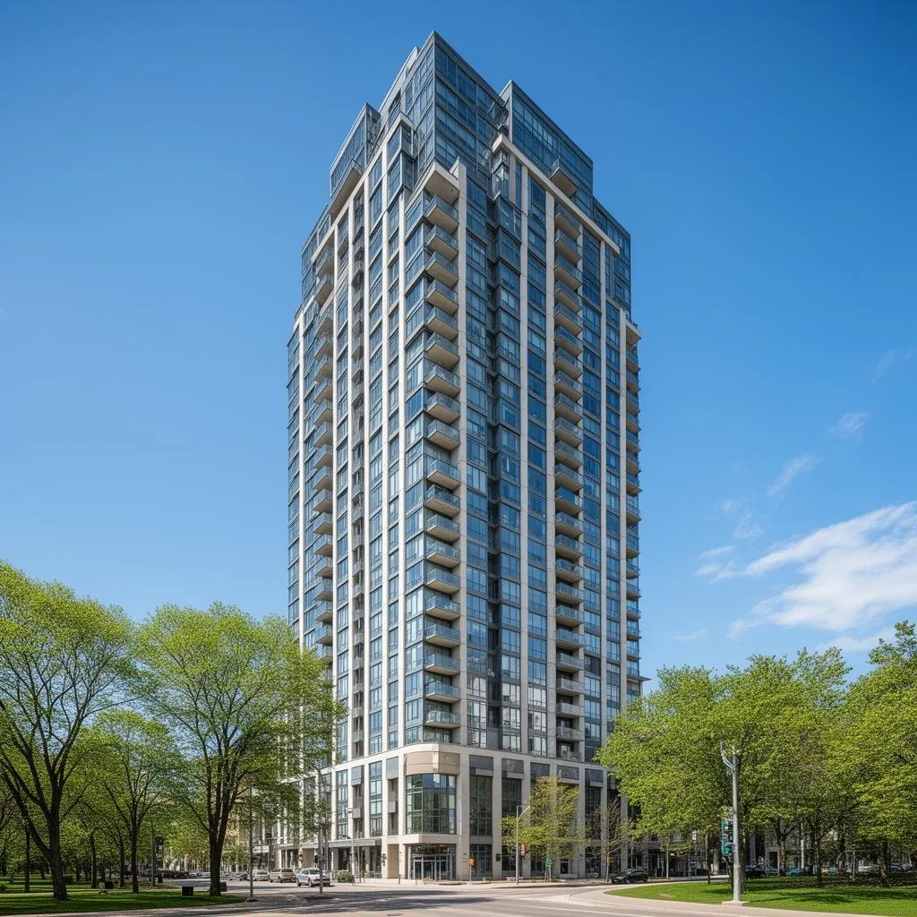 Modern Ottawa downtown condo tower against blue sky