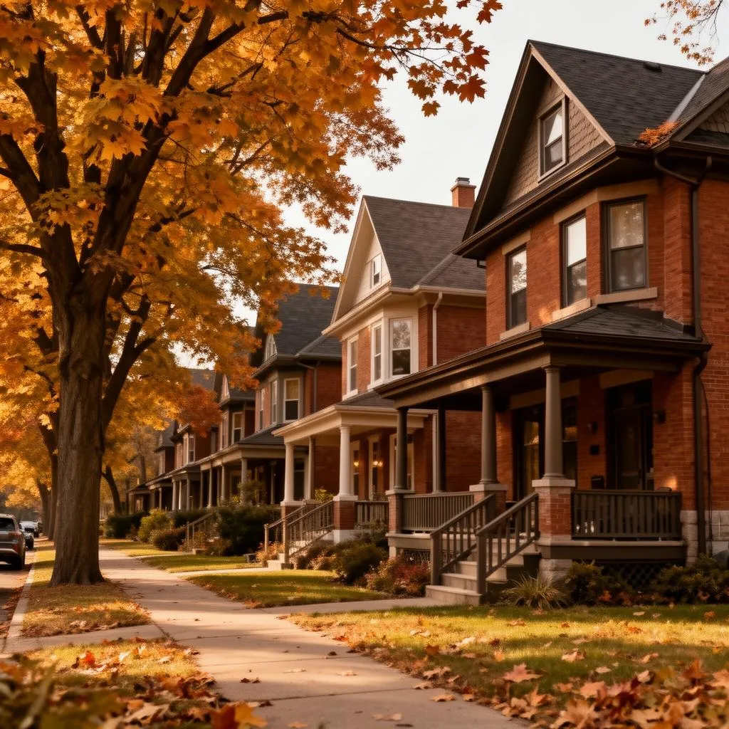 Tree-lined Ottawa street of century brick homes in autumn