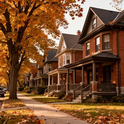 Tree-lined Ottawa street of century brick homes in autumn