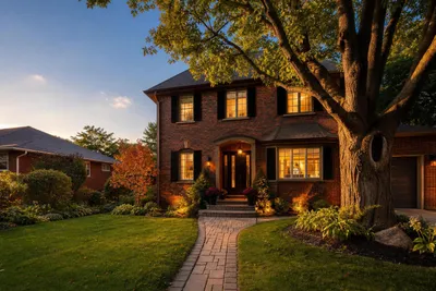 Beautiful brick home glowing at golden hour in an Ottawa neighbourhood