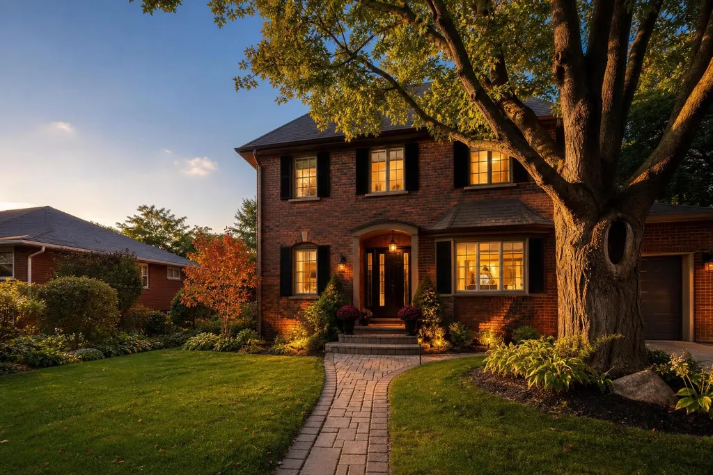 Beautiful brick home glowing at golden hour in an Ottawa neighbourhood