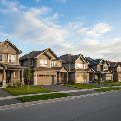 Row of modern detached suburban homes in west Ottawa