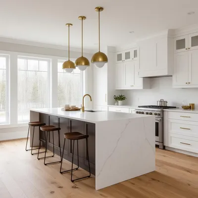 Ottawa luxury home kitchen with quartz island and brass pendants