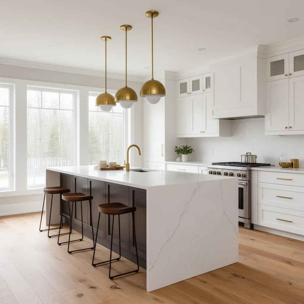 Ottawa luxury home kitchen with quartz island and brass pendants