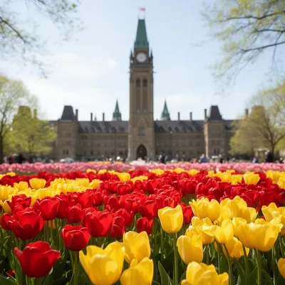 Red and yellow tulips in front of Parliament during the Canadian Tulip Festival